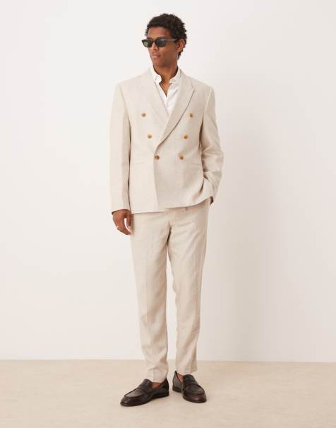 ASOS DESIGN - Double breasted pak van linnenmix met normale pasvorm in naturel beige - view 1