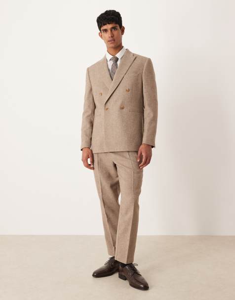 ASOS DESIGN - Double breasted pak van wolmix met overslag en visgraatmotief in beige - view 1
