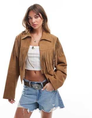 ASOS DESIGN double breasted real suede fringe jacket in tan-Brown