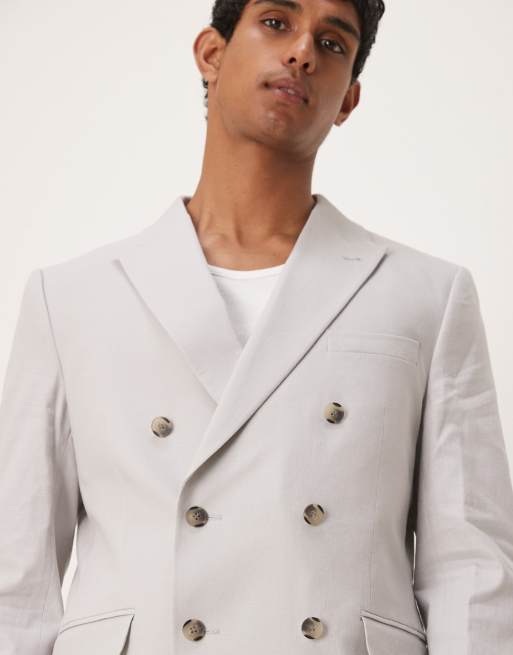 ASOS DESIGN - Double breasted regular-fit colbert van linnenmix in grijs, 3 van 5