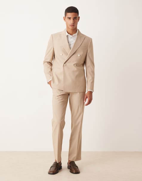 ASOS DESIGN - Double breasted regular-fit pak in gemêleerd stone met krijtstreep - view 1