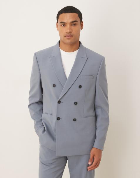 ASOS DESIGN double breasted regular fit suit jacket in mid blue - view 1