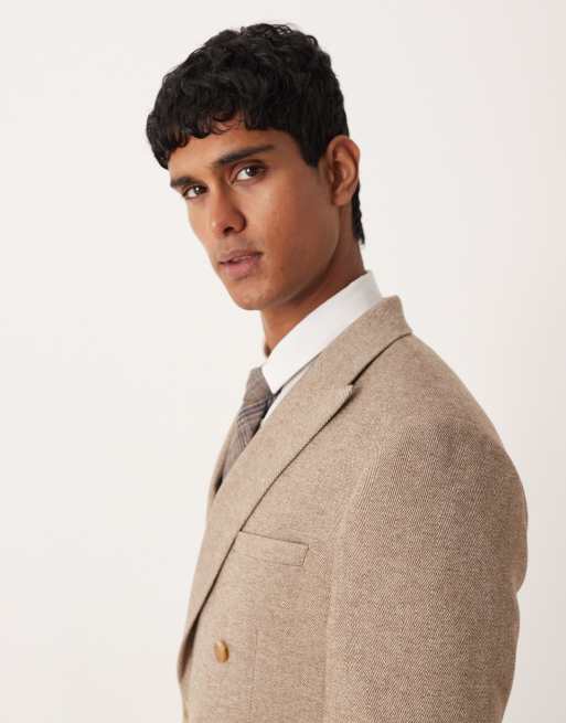 ASOS DESIGN double-breasted regular herringbone suit jacket with wool in beige, 4 of 5