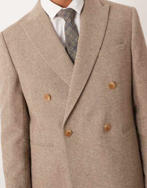 ASOS DESIGN double-breasted regular herringbone suit jacket with wool in beige, 5 of 5