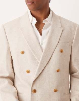 ASOS DESIGN double breasted regular linen blend suit jacket in natural beige-Neutral