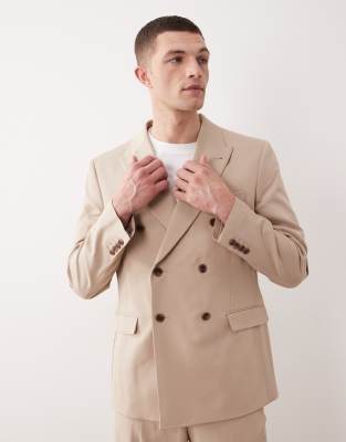 ASOS DESIGN double breasted regular suit jacket in beige fin twill-Neutral
