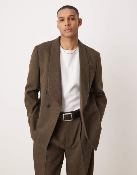 ASOS DESIGN double breasted regular suit jacket in brown herringbone wool - view 1