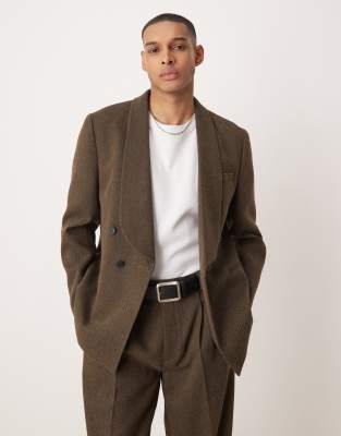 Asos Design Double Breasted Regular Suit Jacket In Brown Herringbone