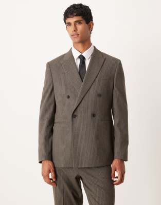 ASOS DESIGN double-breasted regular suit jacket in charcoal flannel pinstripe-Grey
