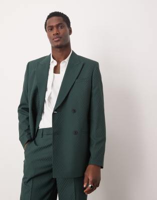 double breasted regular suit jacket in checkerboard weave in green