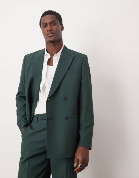 ASOS DESIGN double breasted regular suit jacket in checkerboard weave in green - view 1