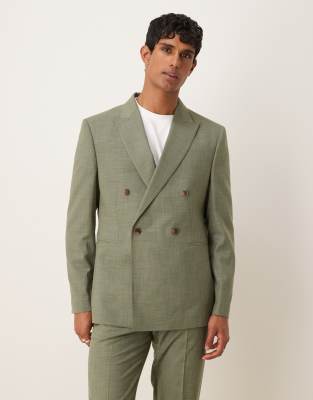 Asos Design Double Breasted Regular Suit Jacket In Green