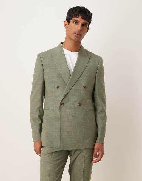 ASOS DESIGN double breasted regular suit jacket in green melange with topstitch - view 1