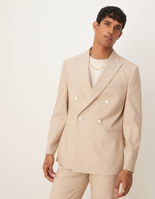 double breasted regular suit jacket in heathered stone pinstripes-Neutral