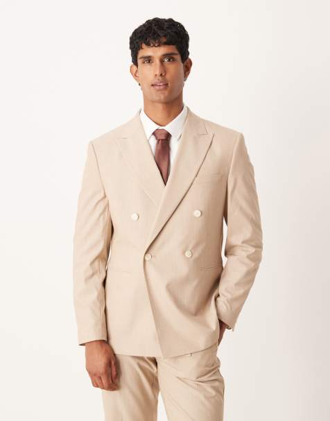 ASOS DESIGN double breasted regular suit jacket in heathered stone pinstripes - view 1