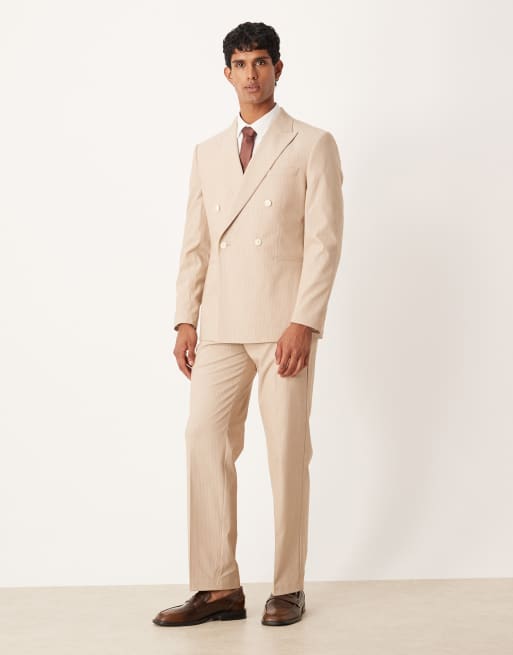 ASOS DESIGN double breasted regular suit jacket in heathered stone pinstripes 