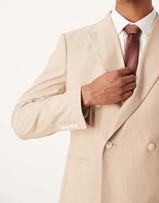 ASOS DESIGN double breasted regular suit jacket in heathered stone pinstripes 