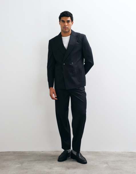 ASOS DESIGN double breasted regular suit jacket in navy pinstripe - view 1