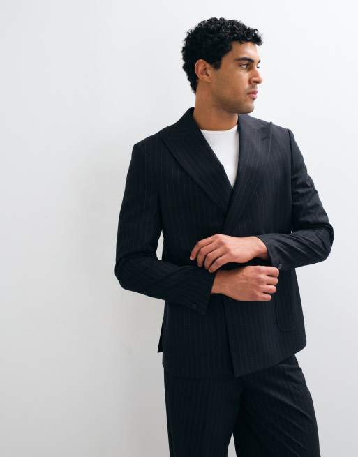 ASOS DESIGN double breasted regular suit jacket in navy pinstripe, 2 of 5