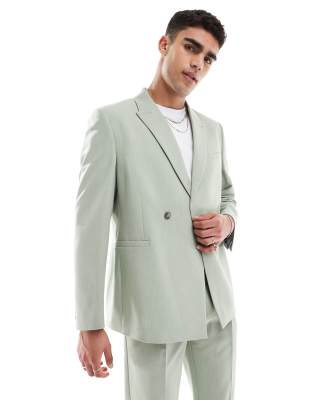 Asos Design Slim Linen Mix Suit Jacket In Sage Green Pinstripe