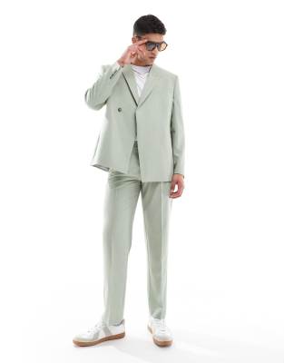 Asos Design Slim Linen Mix Suit Jacket In Sage Green Pinstripe