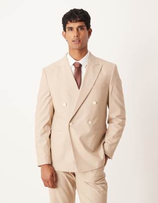 ASOS DESIGN double breasted regular suit jacket in stone marl pinstripe-Neutral