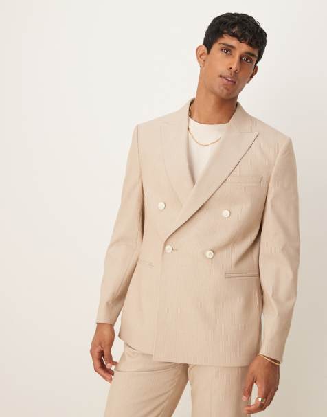 ASOS DESIGN double breasted regular suit in stone marl pinstripe - view 2