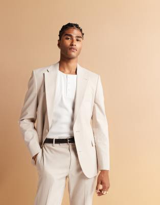 Asos Design Double Breasted Regular Suit Jacket With Linen In Neutral