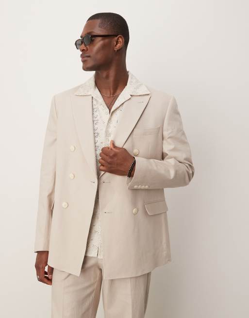 ASOS DESIGN double breasted regular suit jacket with linen in stone