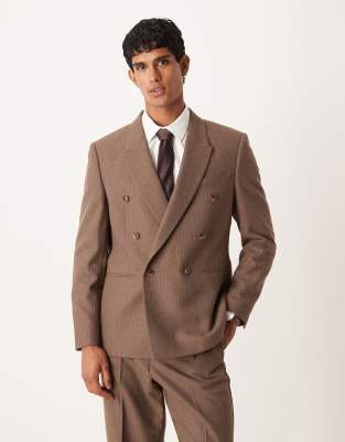 Asos Design Double Breasted Regular Suit Jacket With Wool Pinstripe In Brown