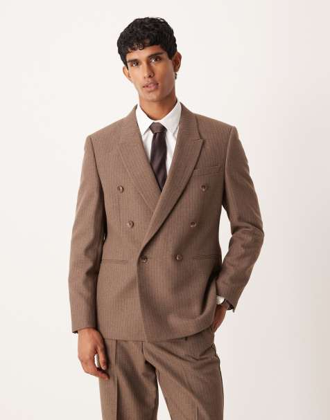 ASOS DESIGN double breasted regular suit jacket with wool pinstripe in brown - view 1