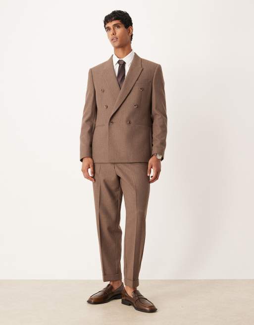 ASOS DESIGN double breasted regular suit jacket with wool pinstripe in brown, 2 of 5