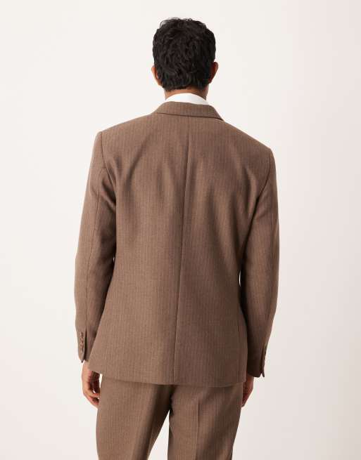 ASOS DESIGN double breasted regular suit jacket with wool pinstripe in brown, 3 of 5