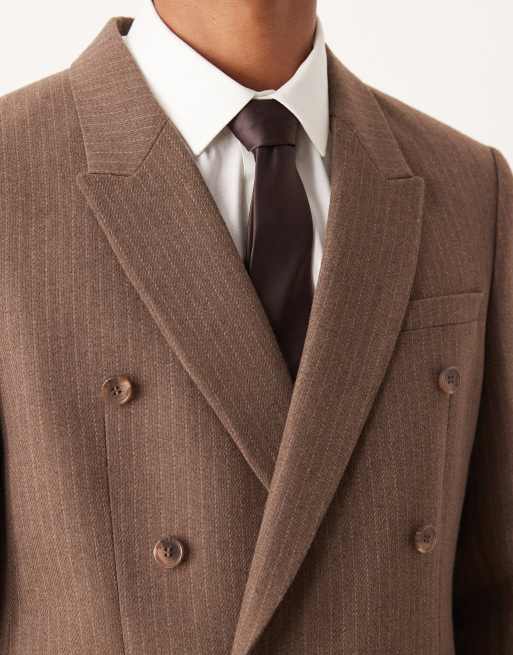 ASOS DESIGN double breasted regular suit jacket with wool pinstripe in brown, 4 of 5