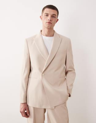 ASOS DESIGN double breasted regular suit jacket with wrap detail in beige-Neutral