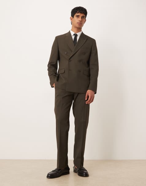 ASOS DESIGN double breasted regular suit set in brown micro texture - view 1