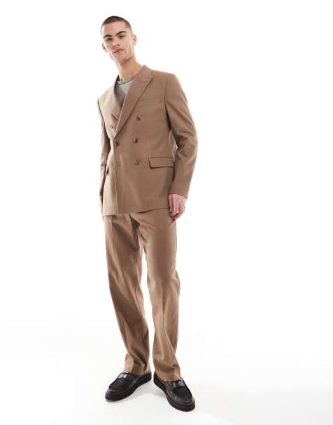 ASOS DESIGN double breasted regular suit with linen in brown - view 1