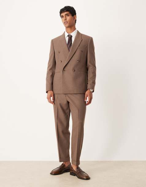 ASOS DESIGN double breasted regular suit with wool pinstripe in brown - view 1