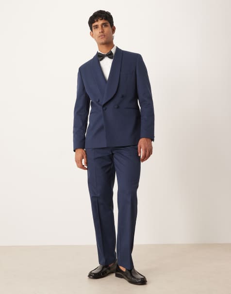 ASOS DESIGN double breasted regular tuxedo set in navy twill with shawl lapel - view 1