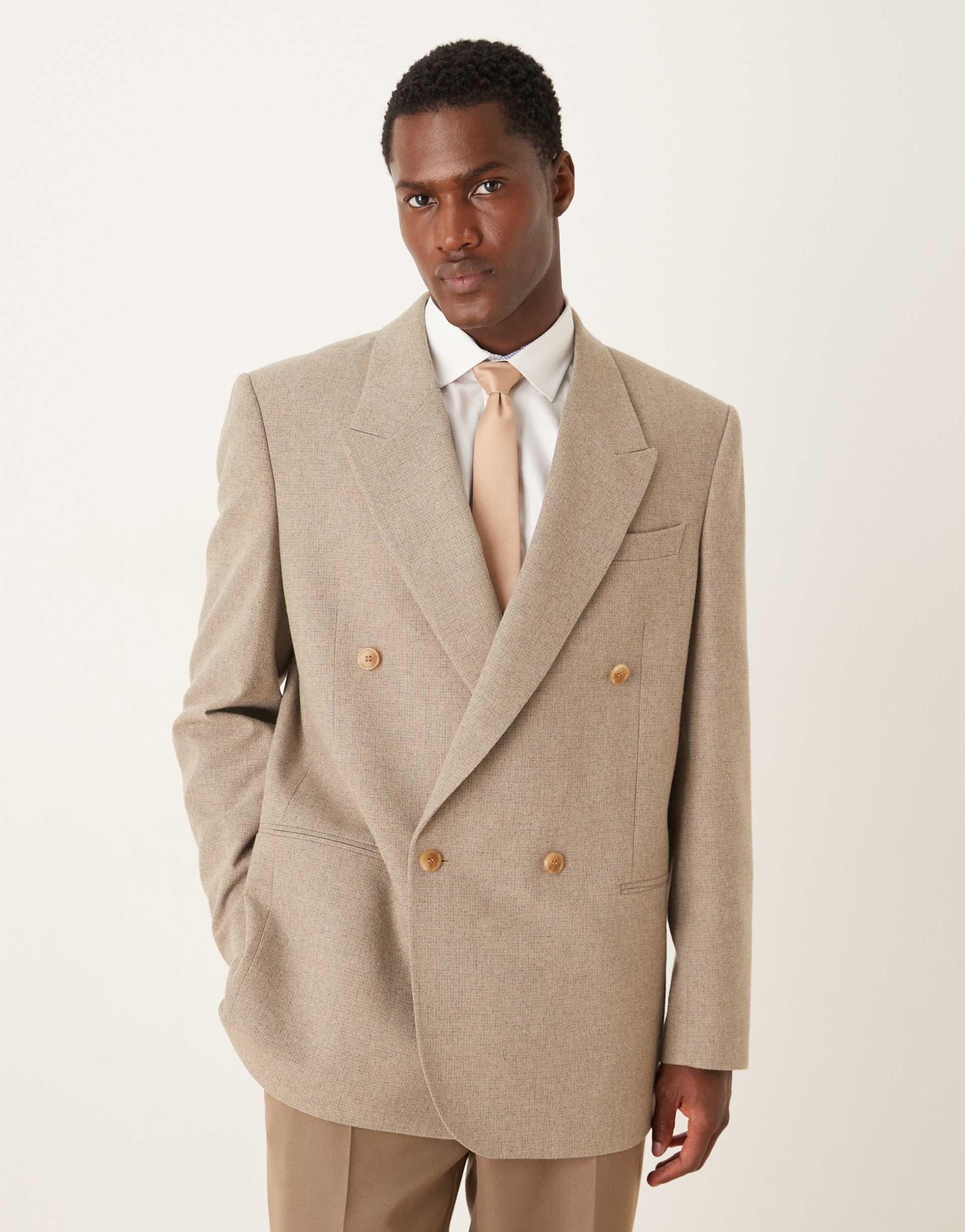 ASOS DESIGN double breasted relaxed boxy blazer with wool in beige micro check