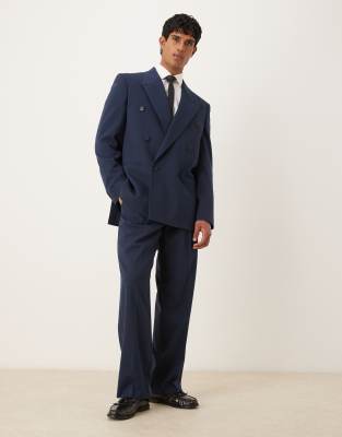 ASOS DESIGN double-breasted relaxed boxy suit in navy metallic ...