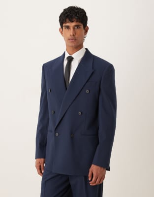 ASOS DESIGN double-breasted relaxed boxy suit jacket in navy metallic pinstripe