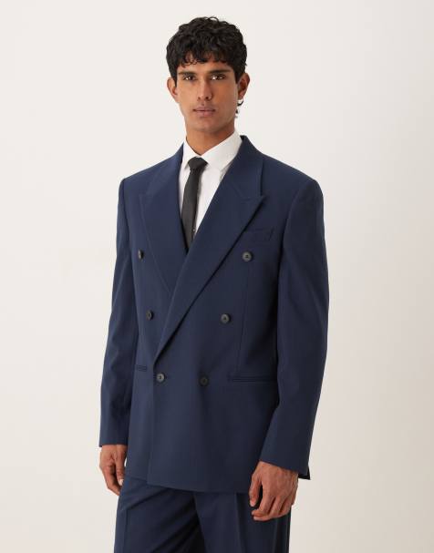 ASOS DESIGN double-breasted relaxed boxy suit jacket in navy metallic pinstripe - view 1