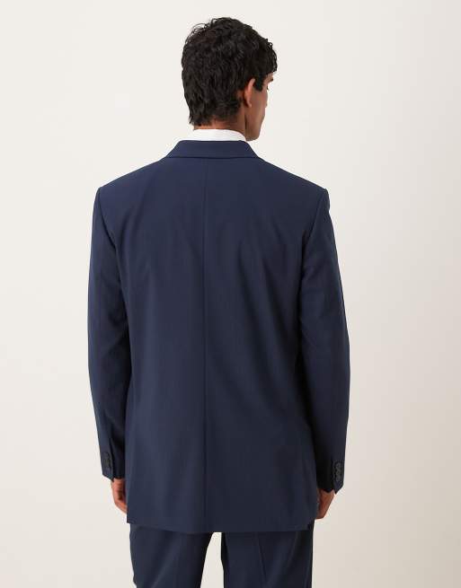 ASOS DESIGN double-breasted relaxed boxy suit jacket in navy metallic pinstripe, 3 of 5