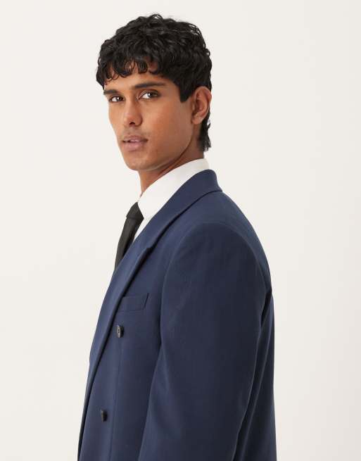 ASOS DESIGN double-breasted relaxed boxy suit jacket in navy metallic pinstripe, 4 of 5