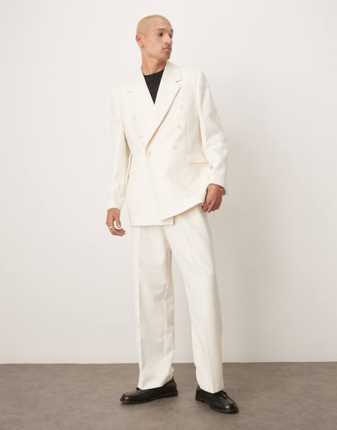 ASOS DESIGN double breasted relaxed longline suit in cream texture - view 1