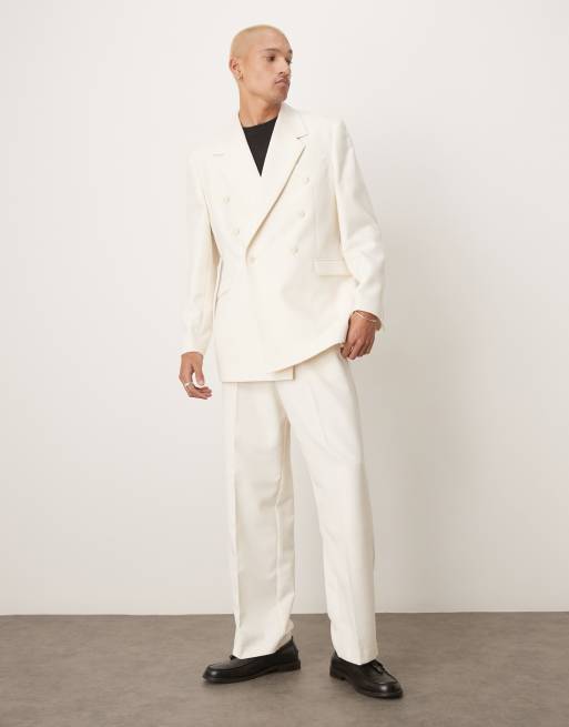 ASOS DESIGN double breasted relaxed longline suit jacket in cream texture