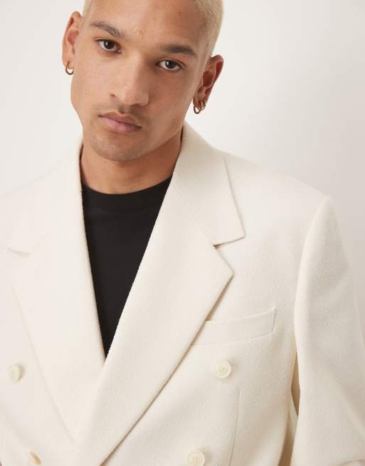 ASOS DESIGN double breasted relaxed longline suit jacket in cream texture