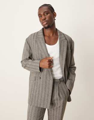 ASOS DESIGN double breasted relaxed slouchy suit jacket in charcoal herringbone-Grey