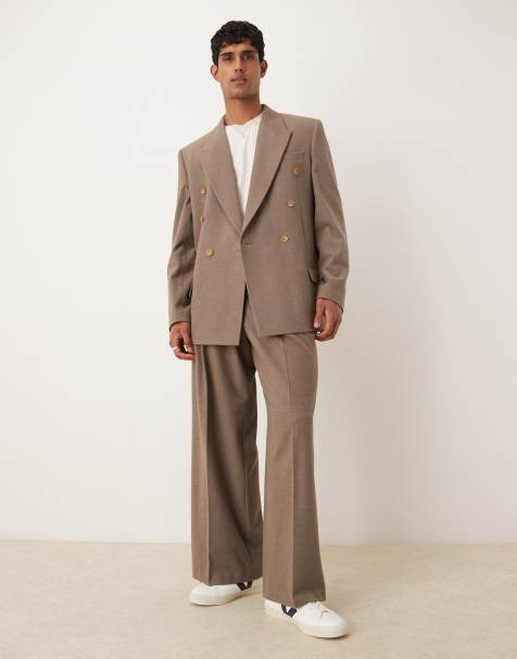 ASOS DESIGN double breasted relaxed suit in beige texture - view 1